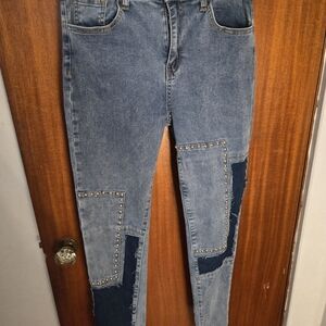 SHEIN Blue Patchwork Skinny Jeans